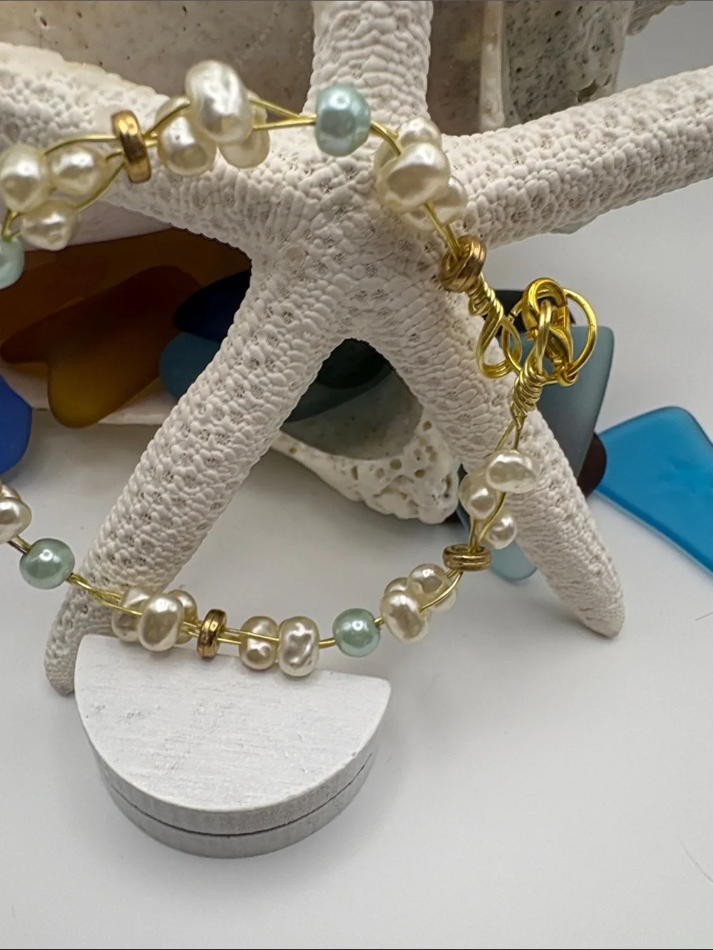 Gold Pearl and Seafoam Bead Wire Bracelet
